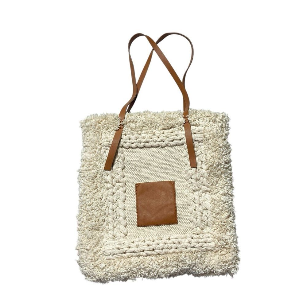 ZARA Rope Tote Bag Marine Bohemian Cream Fringed Brown Double Handle Cotton Boho